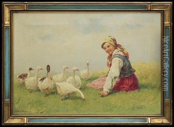 Young Girl With Geese Oil Painting - Adam Setkowicz