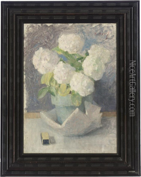 White Hydrangeas In A Pot Oil Painting - Beatrice Julia How
