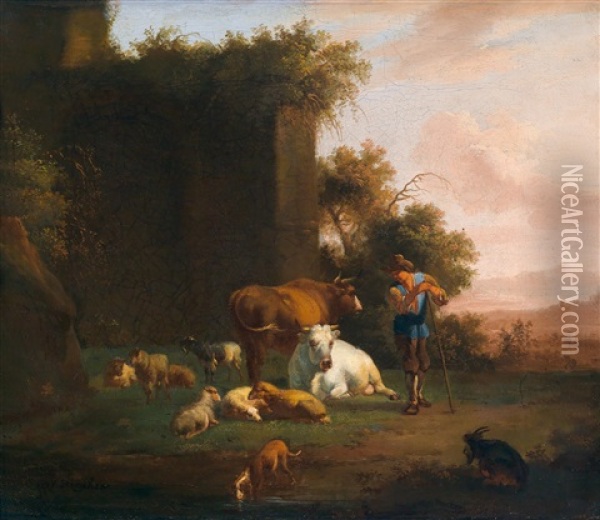 Sudliche Landschaft Mit Einer Viehherde Und Ihrem Hirten Oil Painting - Dirk van Bergen
