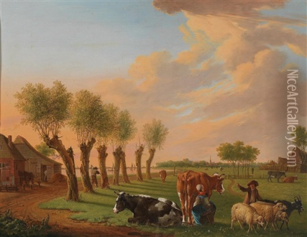 A Dutch Canal Landscape With Shepherds Oil Painting - Heinrich Wilhelm Schweickardt