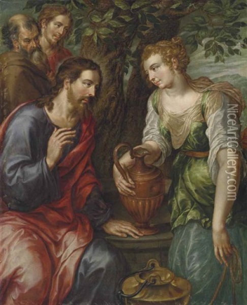 Christ And The Woman Of Samaria Oil Painting - Hendrick De Clerck