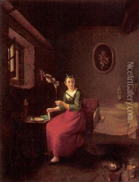 Bedroom Interior With A Young Woman Spinning Woll At Her Desk Oil Painting - Jean Michel Grobon