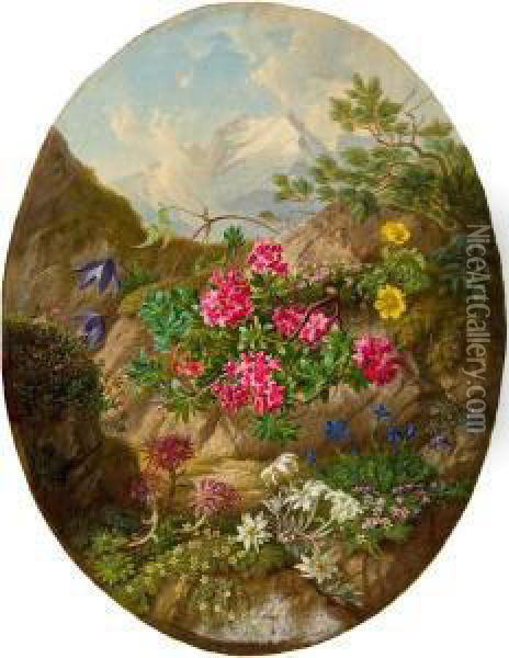Alpenblumen Vor Gebirgslandschaft Oil Painting - Josef Schuster