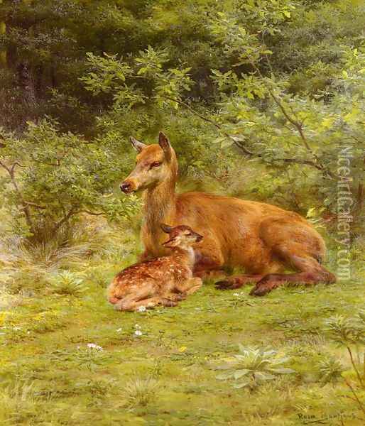 Doe And Fawn In A Thicket Oil Painting - Rosa Bonheur