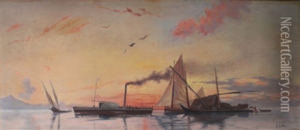 Bateau A Vapeur Dans Le Golfe Au Coucher Du Soleil Oil Painting - Auguste Louis Veillon