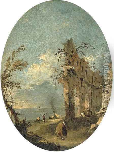 A capriccio of the Venetian lagoon, with figures by classical ruins Oil Painting - Francesco Guardi