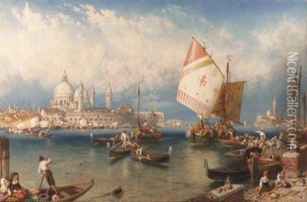 A Market Day On The Giudecca, Venice Oil Painting - Myles Birket Foster