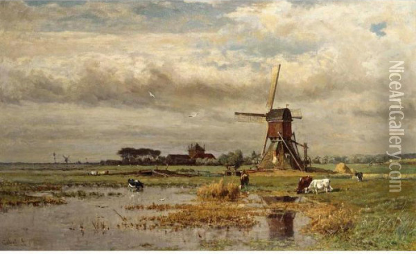 Windmill In A Polder Landscape Oil Painting - Paul Joseph Constantine Gabriel