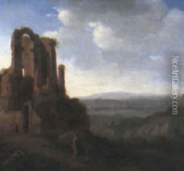 Landscape With Figures Beside A Ruin Oil Painting - Gerrit van Bronckhorst