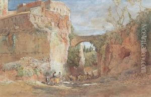 Travellers By The Alhambra, Granada Oil Painting - Edward Alfred Angelo Goodall