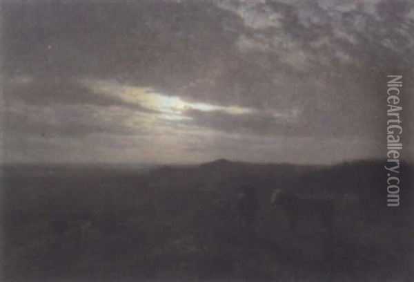 Study Of Cows By Moonlight Oil Painting - Henry William Banks Davis