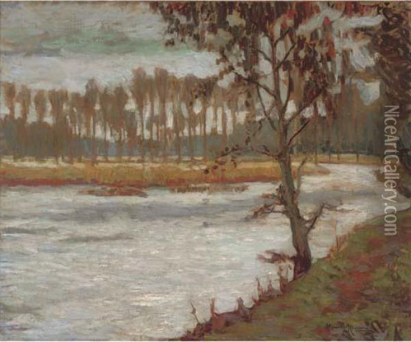 A Row Of Poplar Trees By The River Oil Painting - Alexander Altmann