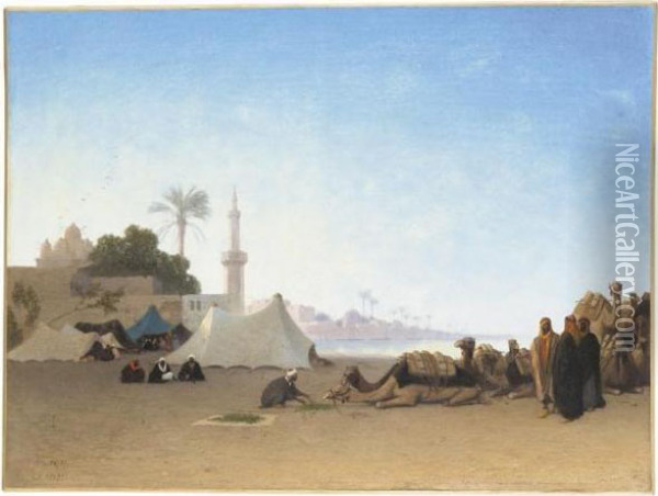 Caravane Au Bord Du Nil Oil Painting - Ch. Theodore, Bey Frere