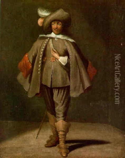 A Militiaman Standing In A Brown Coat And Cloak And Wearing A Plumed Hat Oil Painting - Laurentius de Neter