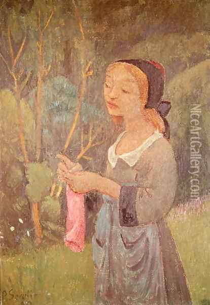 Young Girl with a Pink Stocking or Young Breton Knitting, 1920 Oil Painting - Paul Serusier