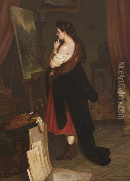 Portrait Of Laura Redden Searing In The Studio Oil Painting - Michael George Brennan