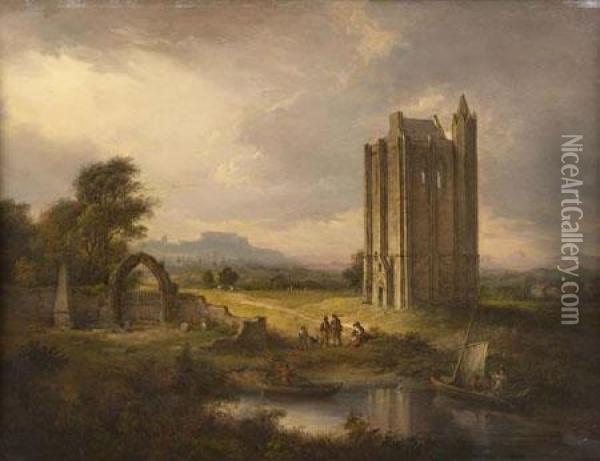 Cambuskenneth Tower With Stirling Castle In The Distance Oil Painting - Alexander Nasmyth