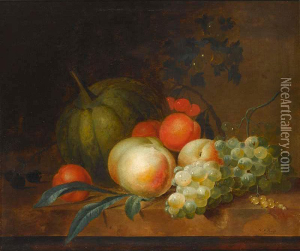 Nicolaas Frederik Knip 
 

 
 A Still Life With Two Peaches, Grapes, Plums And A Mellon, All On A Wooden Ledge Oil Painting - Nicolaes Frederik I Knip