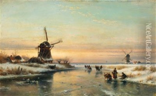 Dutch Canal Landscape Im Winter Oil Painting - Lodewijk Johannes Kleyn