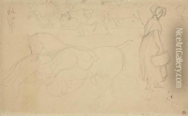 Studies Of Horses, With A Subsidiary Study Of A Woman With A Basket Oil Painting - Theodore Gericault