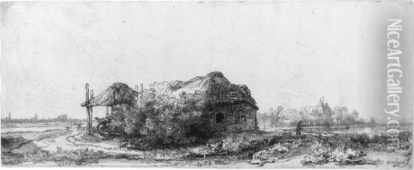 Landscape With A Cottage And Haybarn (b., Holl. 225; H. 177; Bb.41-a) Oil Painting - Rembrandt Van Rijn