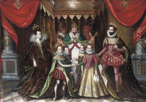 The Double Marriage Of Louis Xiii Of France With Anne Of Austria And Philip, Prince Of Asturias, With Elizabeth Of France Oil Painting - Alonso Sanchez Coello