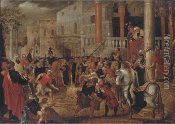 The Ephesians Burning Books After Their Conversion By Saint Paul: Corinthians, Xix: 18-20 (in Collab. W/hendrick Van Cleve Iii) Oil Painting - Louis de Caullery