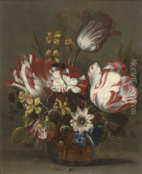 Tulips And Other Flowers In A Glass Vass Oil Painting - Hans Bollongier