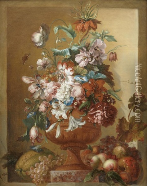 Lilies, Morning Glory, Roses And Other Flowers In A Terracotta Urn With Fruit Oil Painting - Jacoba Maria van Nickele