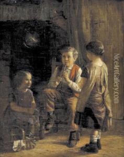 Kucheninterieur Mit Junge Beim Flotenspiel Und Zwei Madchen. Oil Painting - William Hemsley