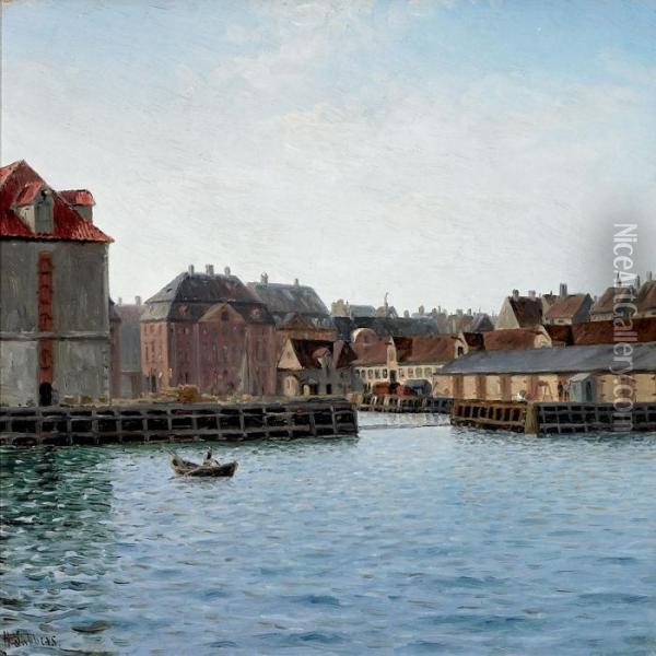 Danish Harbour Scenery Near The Asian Company In Copenhagen Oil Painting - Holger Peter Svane Lubbers