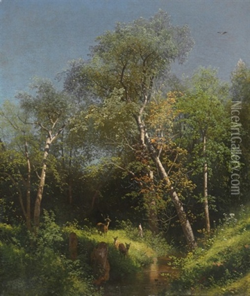 Deer In The Wild Woods Oil Painting - Hermann Herzog