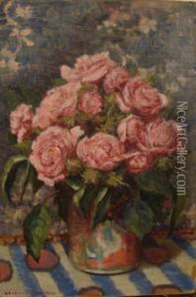A Still Life Of Pink Roses In A Vase On A Table Oil Painting - Regnault Sarazin