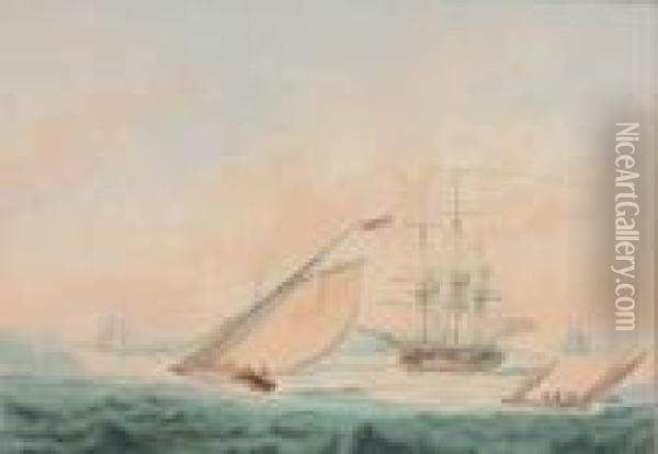 The Fleet Anchorage; And Saluting The Departure Oil Painting - Nicholas Pocock