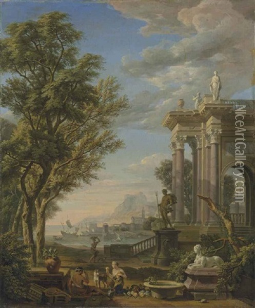 An Italianate Landscape With Figures Resting By A Fountain And A Classical Building, A Port Beyond Oil Painting - Isaac de Moucheron