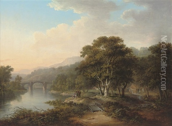 A View On The River Tweed, Near Melrose, With Figures Fishing On The Bank, A Bridge Beyond Oil Painting - Alexander Nasmyth
