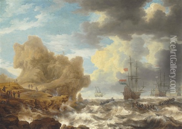 Dutch Ships Off A Rocky Coast With Colonists Encountering Natives Oil Painting - Bonaventura Peeters the Elder