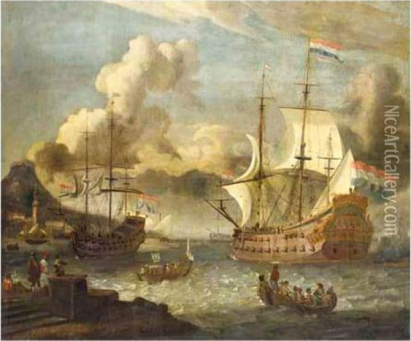A Mediterranean Port Scene With Two Dutch Vessels At Anchor Oil Painting - Abraham Storck