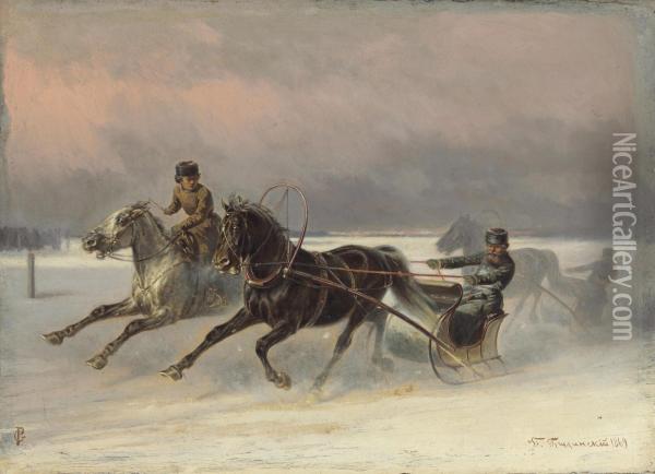 Galloping Through The Snow Oil Painting - Petr Nicolaevich Gruzinsky