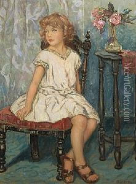 A Portrait Of A Young Girl Seated On A Red Chair Oil Painting - Elliot Bouton Torrey