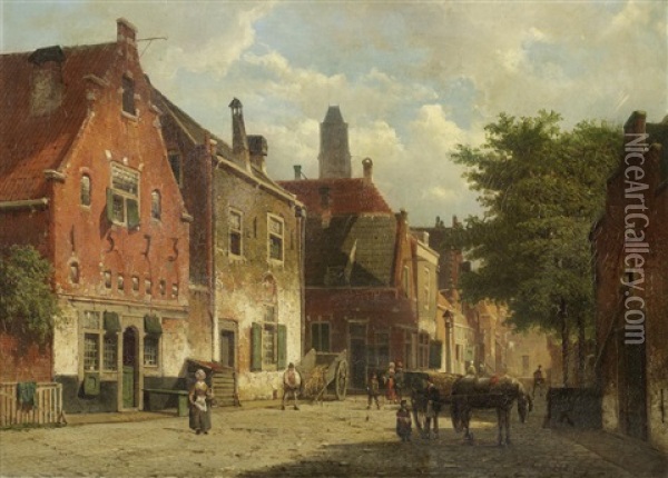 Dutch Street Scene With Figures Oil Painting - Willem Koekkoek