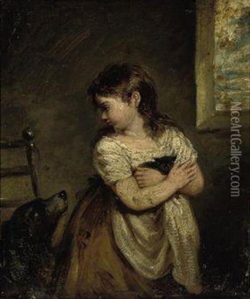 A Girl Holding A Kitten In An Interior, A Dog Beside Her Oil Painting - Robert Trewick Bone