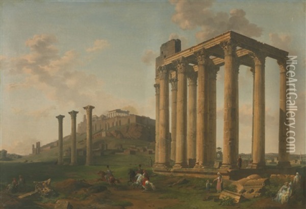Vue Du Temple De Jupiter Et De L'acropole Oil Painting - Lancelot Theodore Turpin De Crisse
