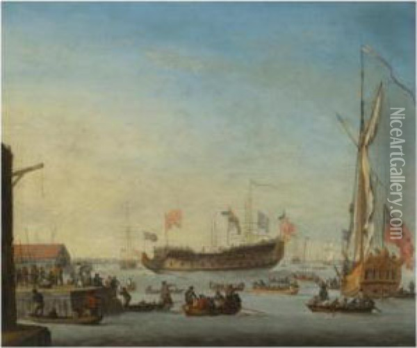 The Launch Of A Man Of War Oil Painting - Robert Woodcock