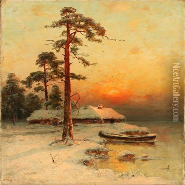 Russian Winter Landscape At Sunset Oil Painting - Iulii Iul'evich (Julius) Klever