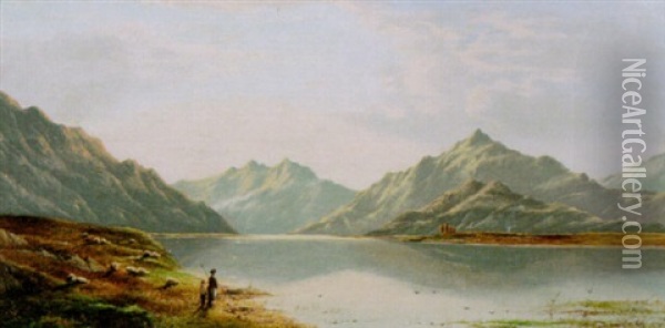 Herdar Med Far I Skotskt Bergslandskap Oil Painting - Charles Leslie