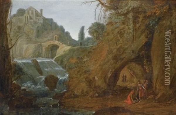 The Good Samaritan In A River Landscape Oil Painting - Jacob Symonsz Pynas