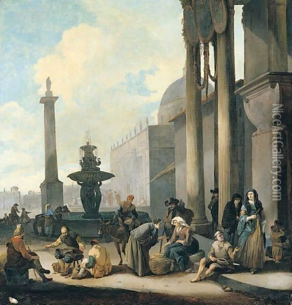 Figures And Tradesmen Near A Fountain In A Roman Square Oil Painting - Johannes Lingelbach
