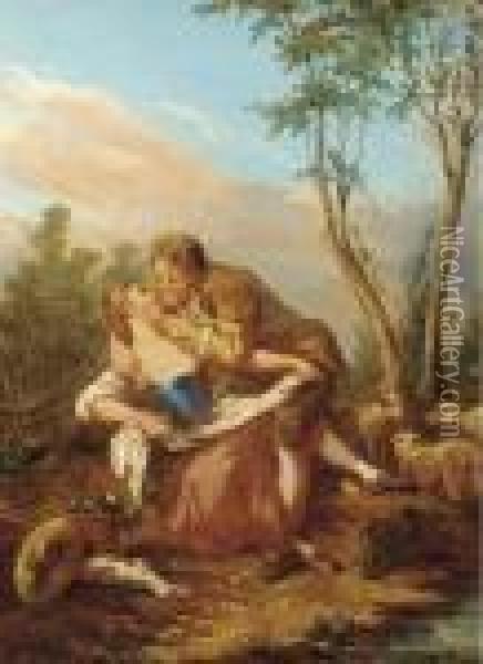 A Shepherd And Shepherdess By A River; And A Shepherd Andshepherdess Sitting With A Dog Oil Painting - Francois Boucher