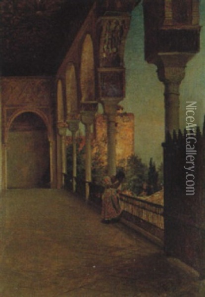 Galeria Del Alberca, Alhambra, Kvinna Pa Terrass Oil Painting - Felix Possart